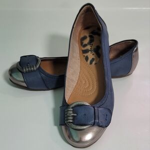 NWOT BareTraps "Sage" Blue and Silver Flats with Buckle Accent